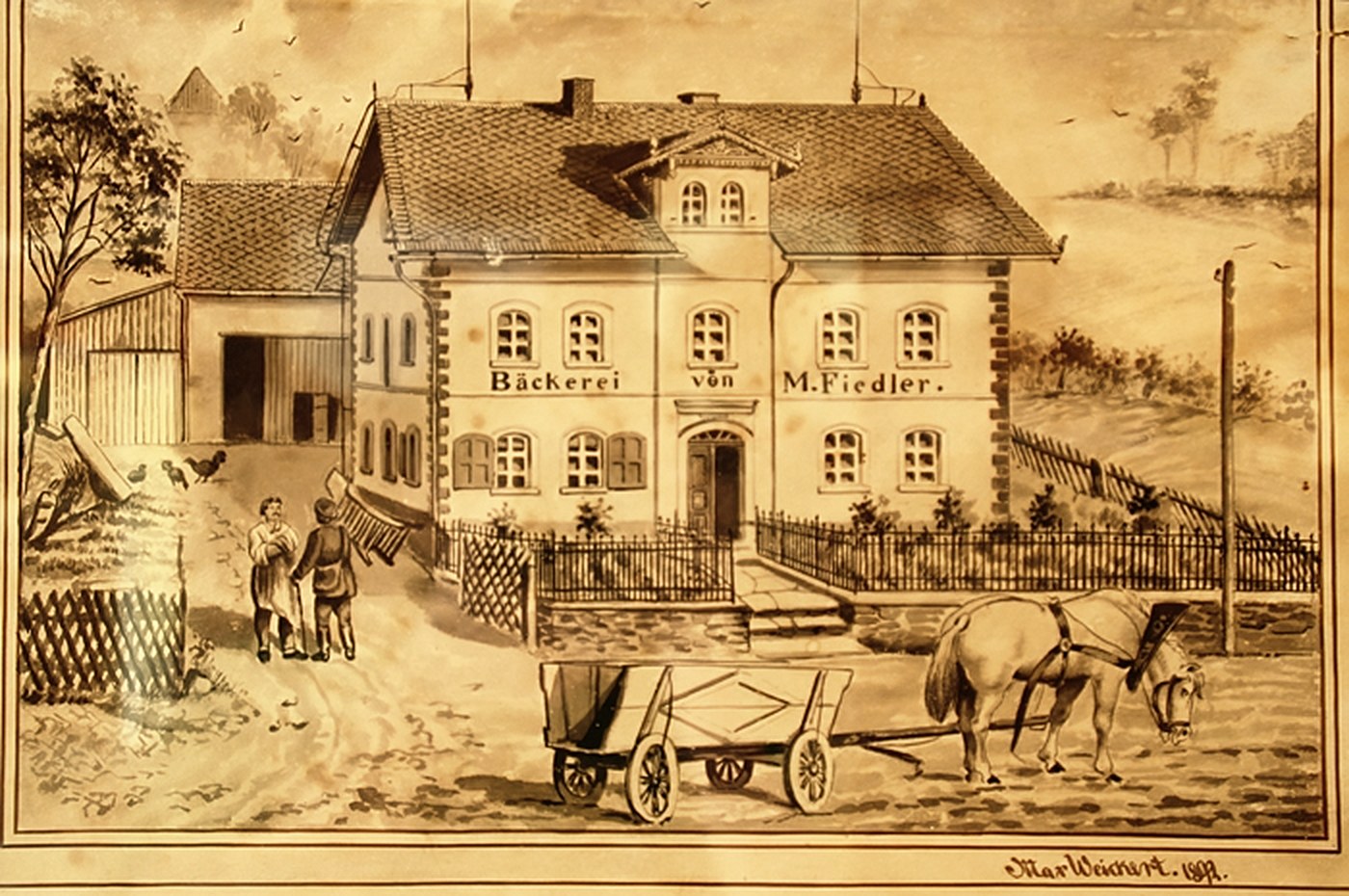 Historische Zeichnung: Bäckerei von M. Fiedler mit Pferdewagen, 1892